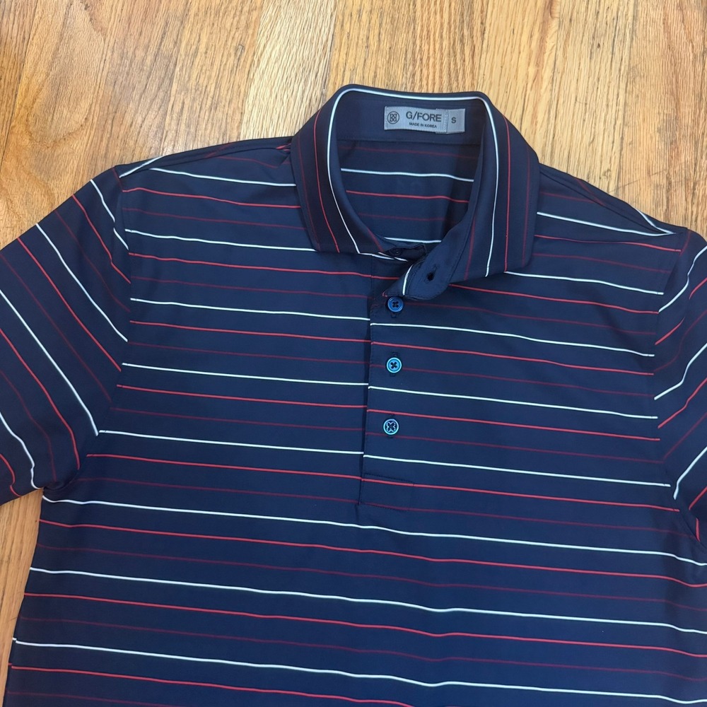 G/Fore Men Navy Blue Red White Striped Short Sleeve Golf Polo Shirt Size Small